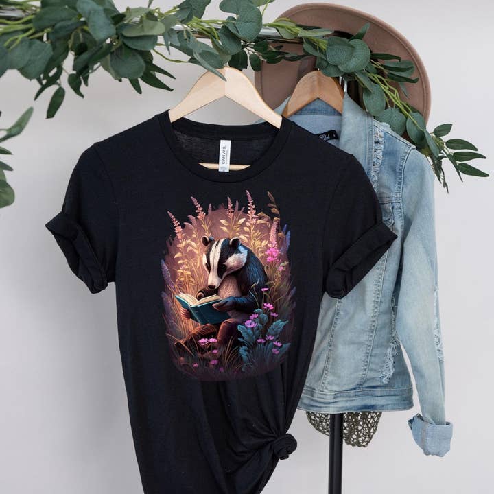 Vivtrek - Wholesale Screen Printed T-Shirt - Women's - Badger reading a book Tshirt, Fairy Aesthetic
