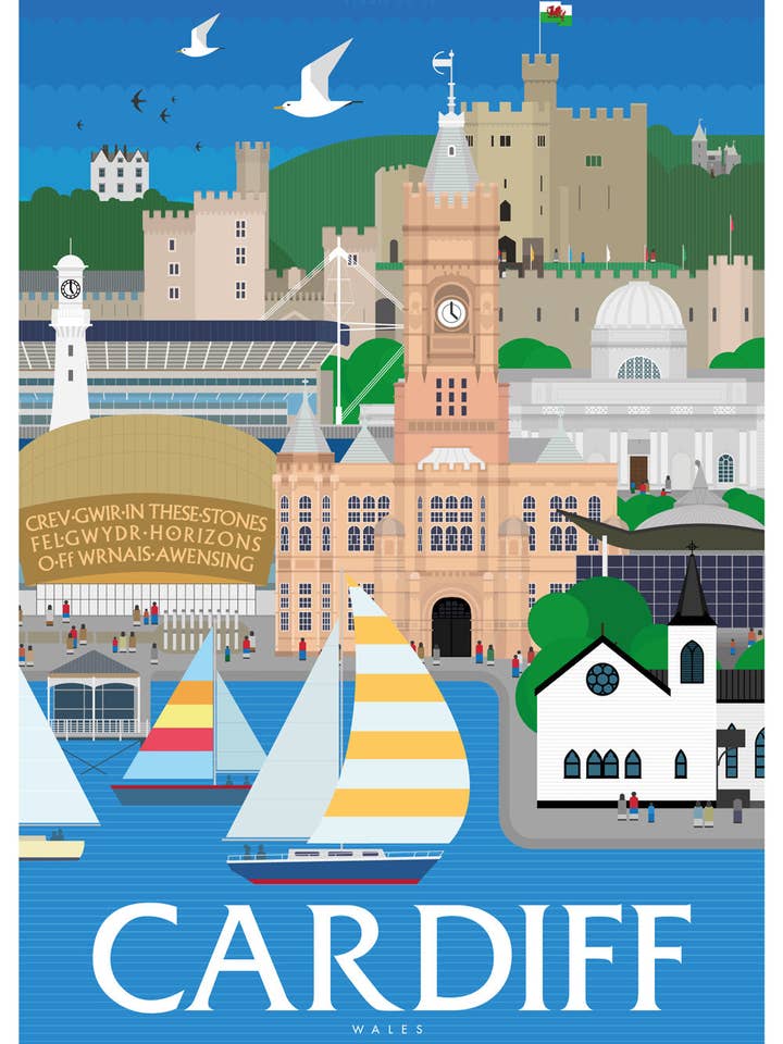Cardiff print — Modern vintage travel art for wholesale by Bemmie