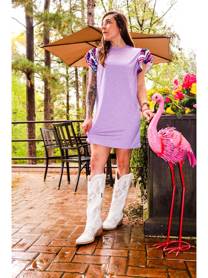 Purple MK346 Arklatex Ruffle Sleeve Tee Dress - Purple/Multi Aztec for wholesale on Faire