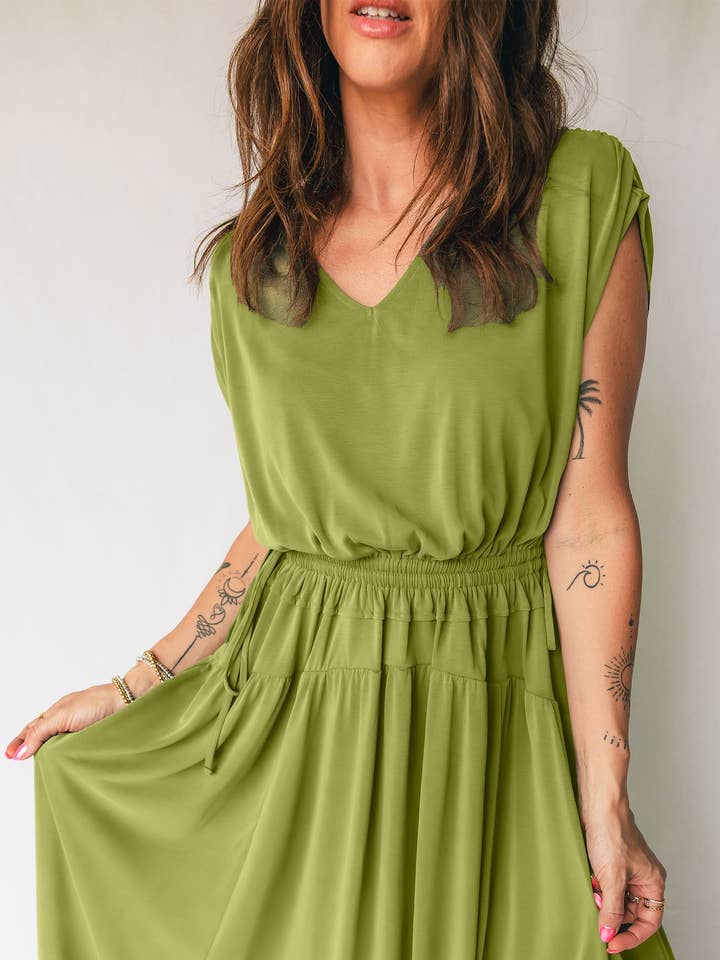 Fern Green Solid V Neck Cap Sleeve Tunic Elastic Waist Versatile Maxi Dress for wholesale by Lovesoft