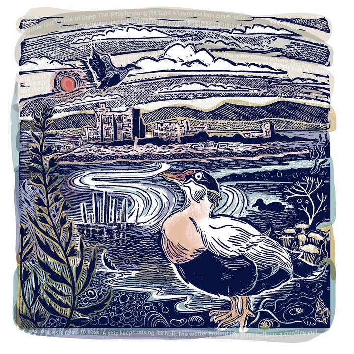 Neither Out Far nor in Deep (Eider Duck) Limited Lino Print for wholesale by Jamie Poole