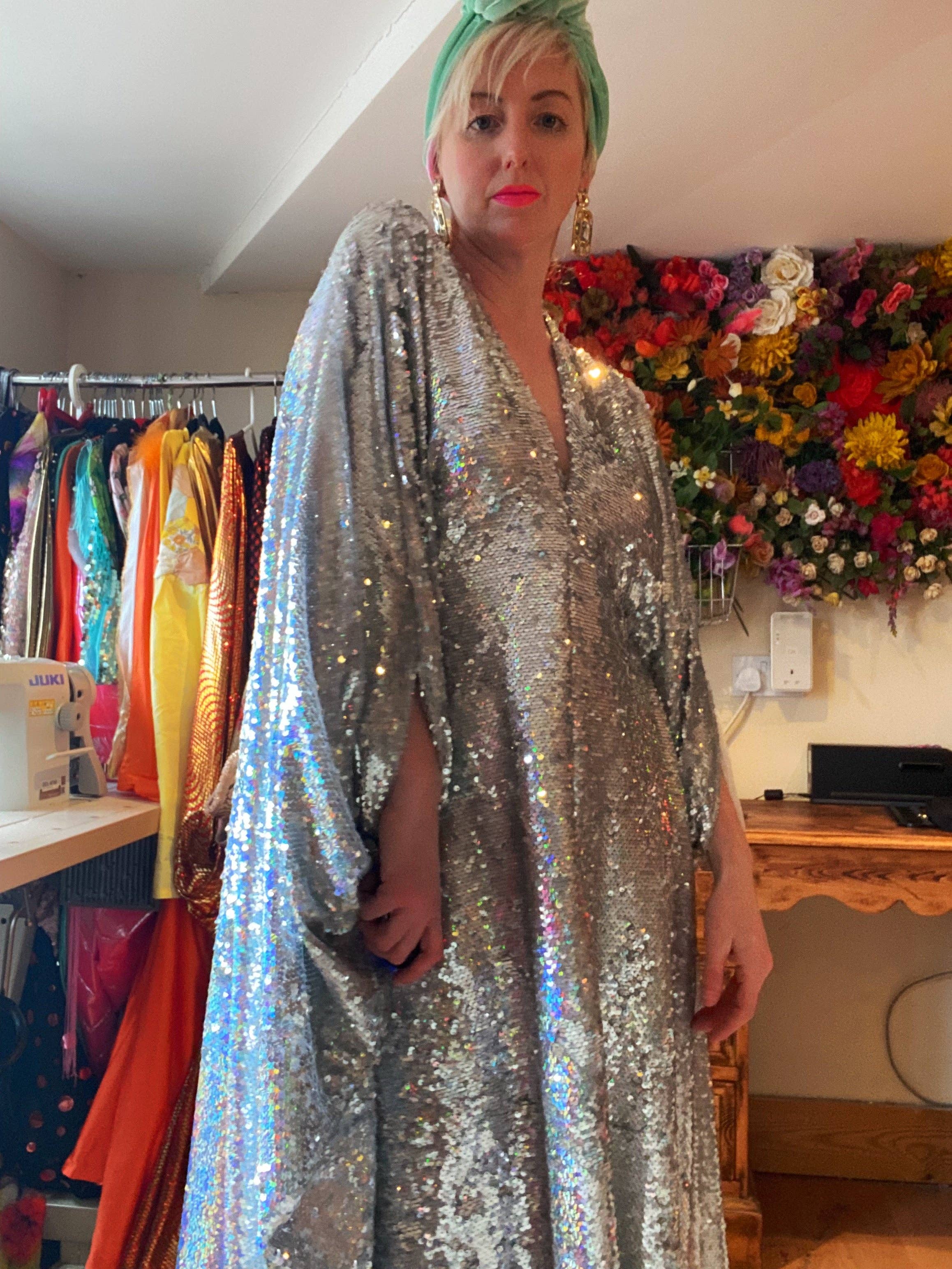 Fumbalinas – wholesale Kaftan – Women's – Silver Metallic Holographic/  Sequin Kaftan Gown / Dress37