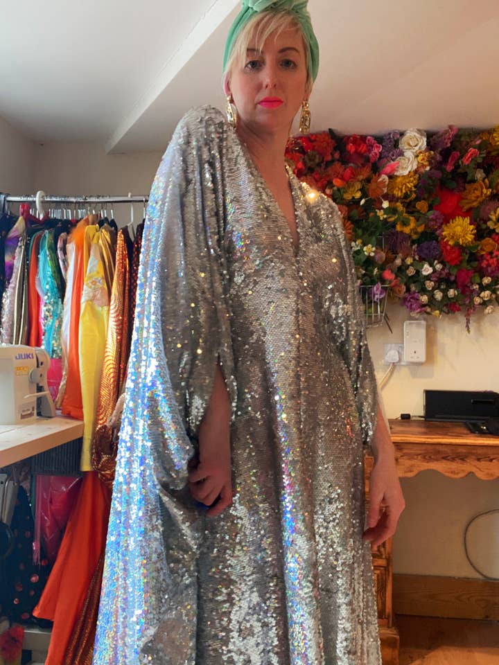 Fumbalinas - Wholesale Kaftan - Women's - Silver Metallic Holographic/ Sequin Kaftan Gown / Dress37