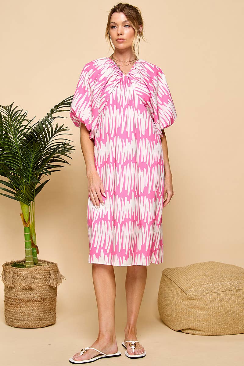 Pink and white zigzag pattern V-neckline Dress for wholesale on Faire1