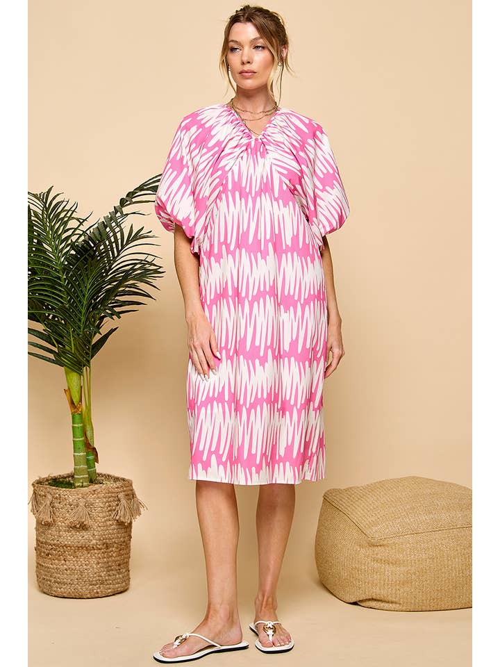 Pink and white zigzag pattern V-neckline Dress for wholesale on Faire1