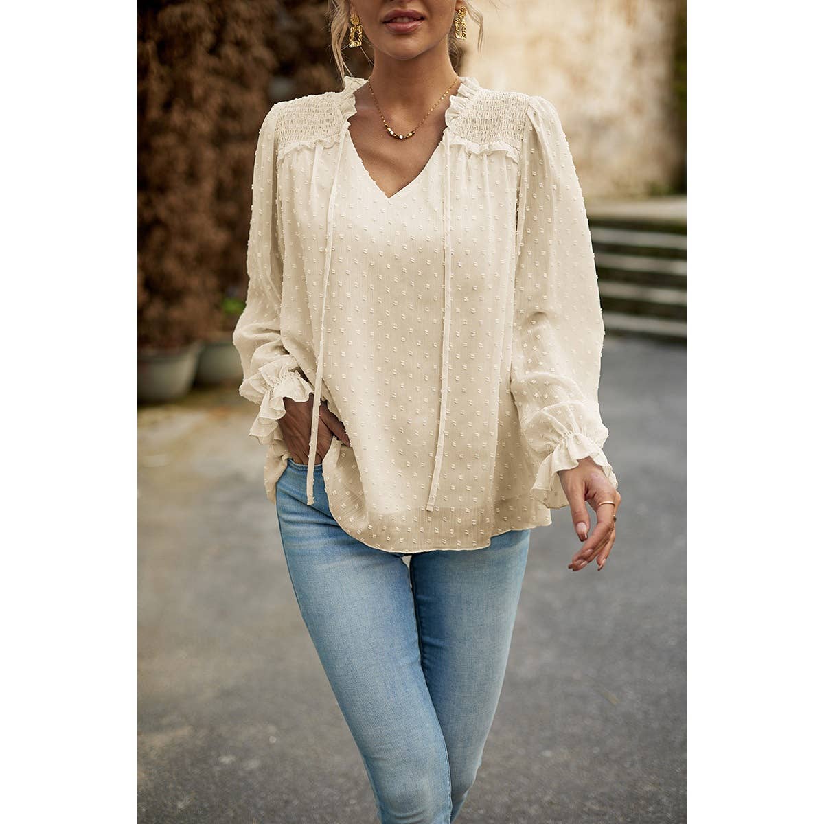 Elings - Wholesale Blouse - Women's - Swiss Dot Ruched Shoulder Hem Ruffle Blouse0