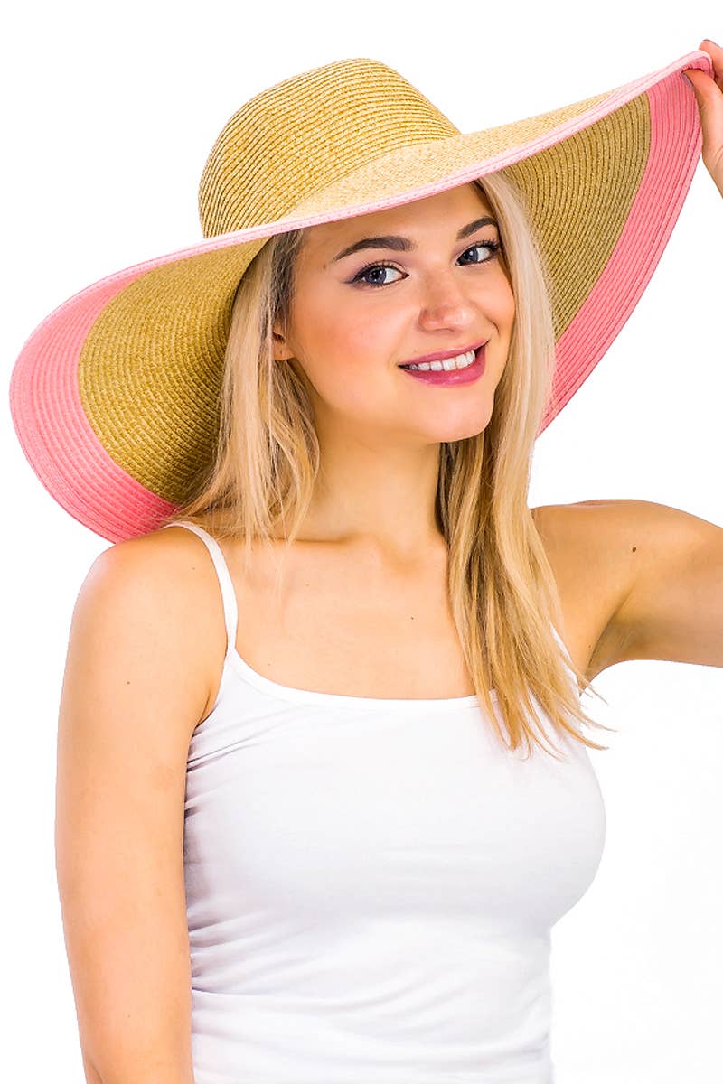 Cap Zone - Wholesale Straw Hat - Women's - Mixed Natural Stripe Trim Wide Floppy Sun Hat2
