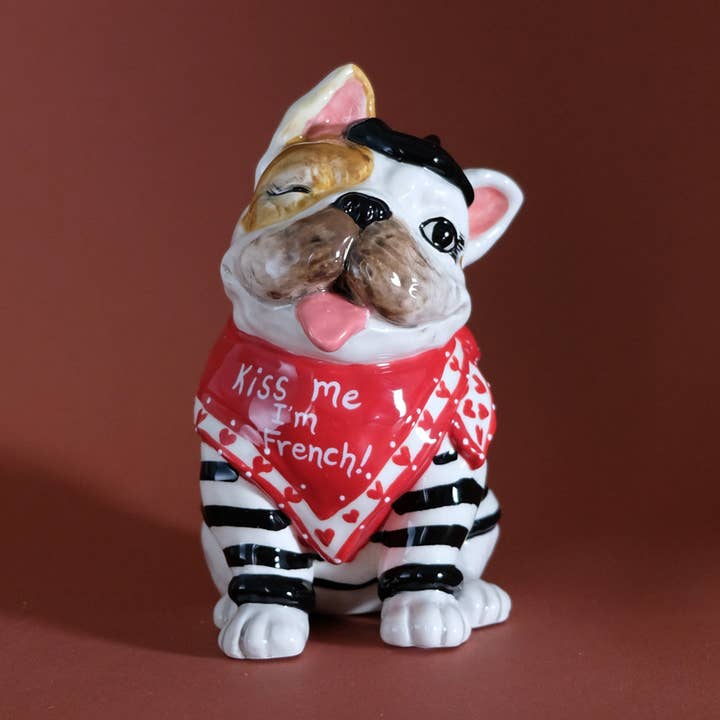 Sortstribet fransk bulldog figurine for engroshandel hos Blue Sky Clayworks