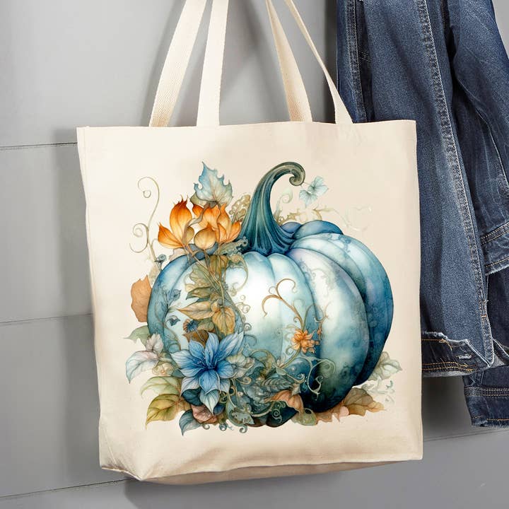 Bolsa de lona de 12 oz con flores de calabaza azules para otoño y otoño para venta al por mayor de Avery Lane Gifts