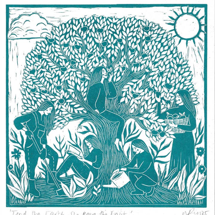 Prints by the Bay - Wholesale Art Print - Tend the Earth riso, orchard, grow, apple tree, gardening1