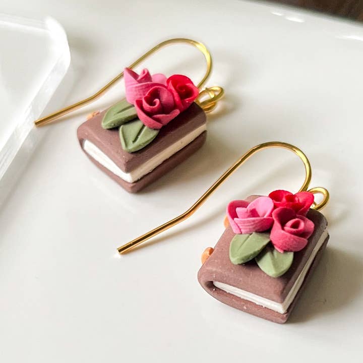 Brown rose book earrings | 18k gold plated for wholesale by Retrochrome Creations