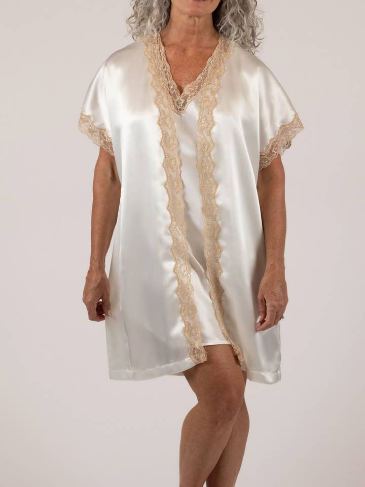 Shadowline® Charming Lace Trim Satin Robe for wholesale by Shadowline Lingerie