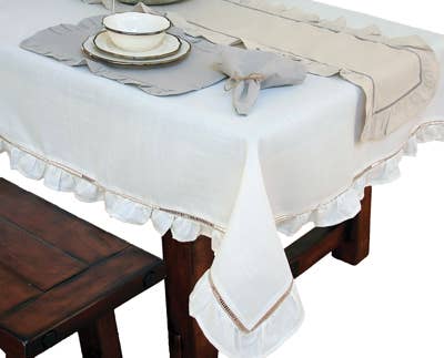 Xia Home Fashions & Manor Luxe - Wholesale Table Runner - Ruffle Trim White and Natural Hemstitch Table Runner1