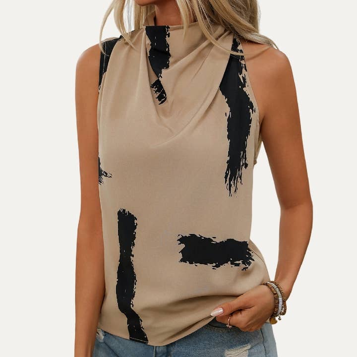 KHAKI Chic Soft Print Mock Neck Sleeveless Top for wholesale on Faire