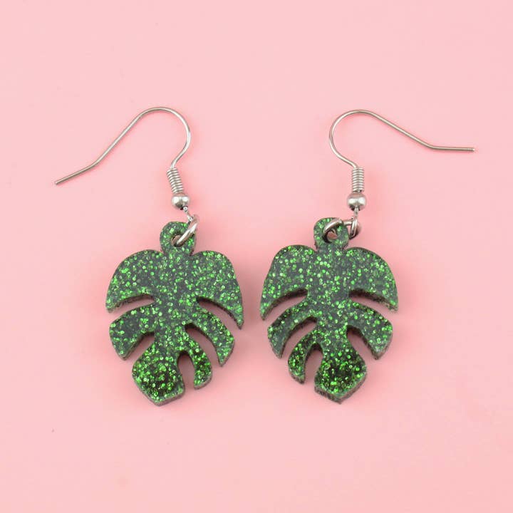 Green Glitter Monstera Earrings for wholesale by Sour Cherry
