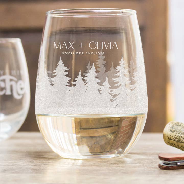 Etched Forest Full Wrap Stemless Wine Glasses, Design: WOODS for wholesale by Everything Etched