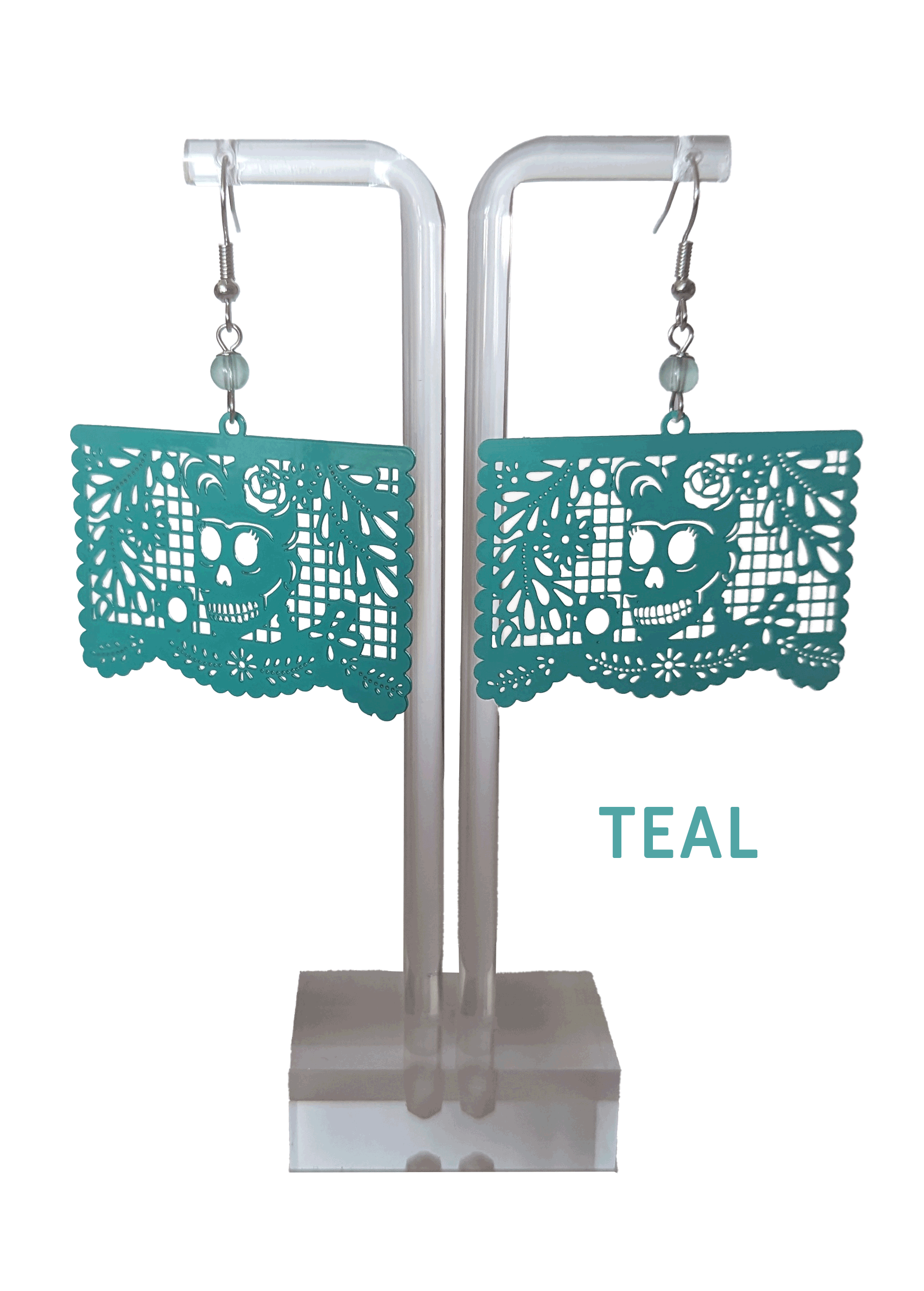 Xochico - Wholesale Dangle Earrings - "Florecita" Skull, Papel Picado style earrings3