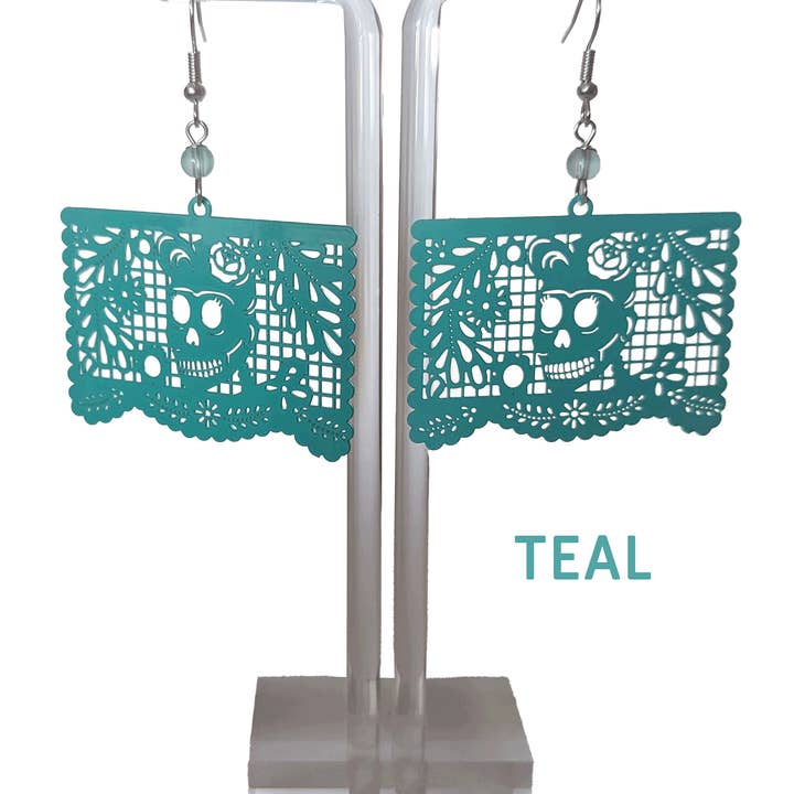 Xochico - Wholesale Dangle Earrings - "Florecita" Skull, Papel Picado style earrings3
