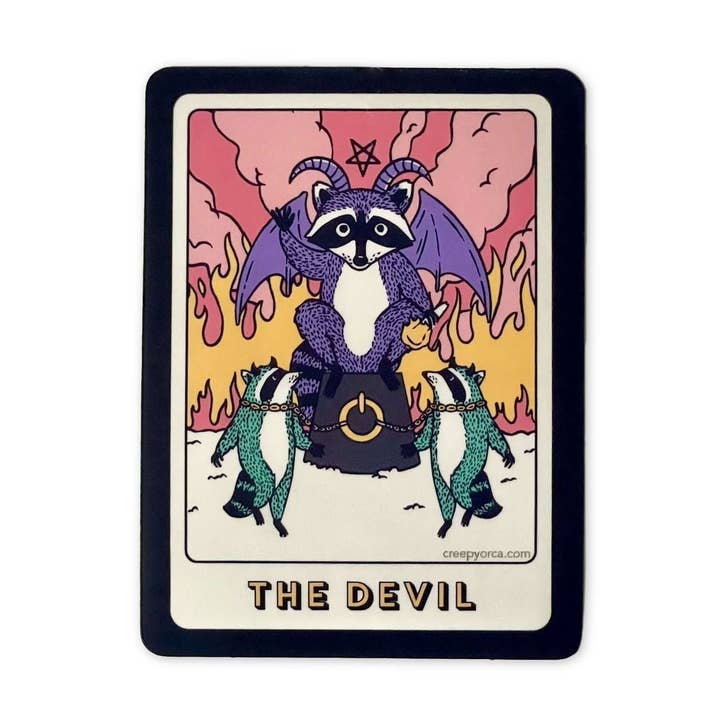 The Devil Tarot Raccoon Die Cut Sticker for wholesale by Creepy Orca Supply Company