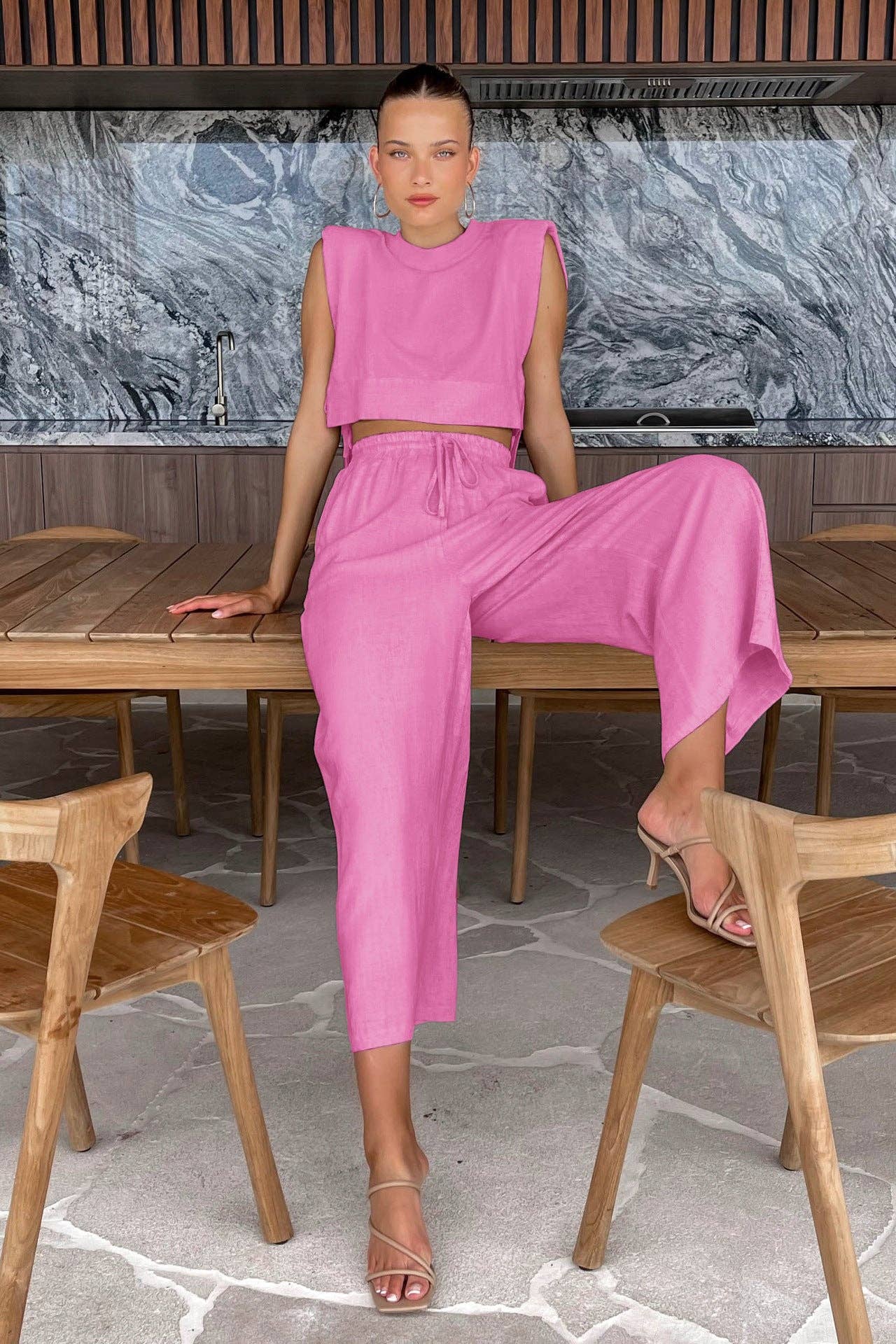 Sweetkama - Vendita all'ingrosso Completo top e pantaloni (NON loungewear) - Donna - Set 2 pezzi top corto senza maniche e pantaloni in lino 2TZ21868