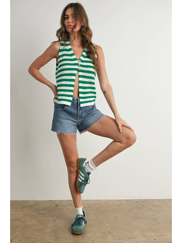 BUTTERMELON - Wholesale Sweater Vest - Women's - Striped Button-Front Sweater Vest - BMW773330