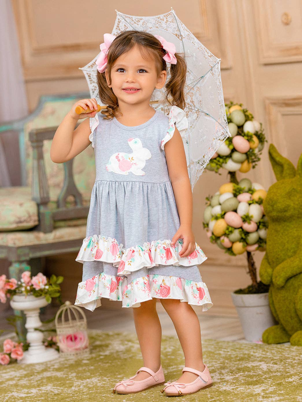 Mia Belle Girls • Wholesale - Wholesale Dress - Kids - Bunny Flutter Sleeve Tiered Ruffle Dress5