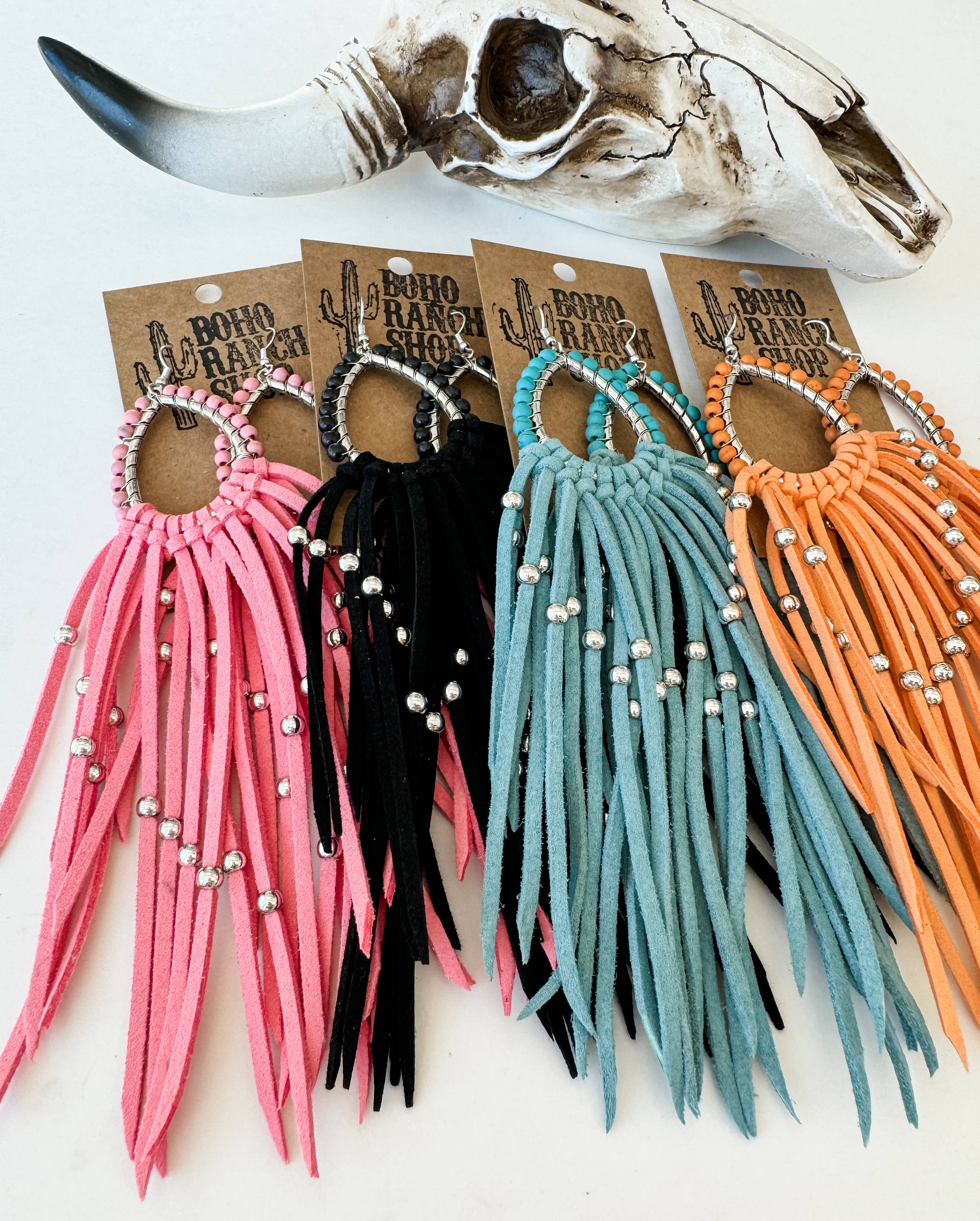 Boho Ranch Shop - Wholesale Tassel Earrings - Western Suede Long Tassel Teardrop Dangle Earrings0