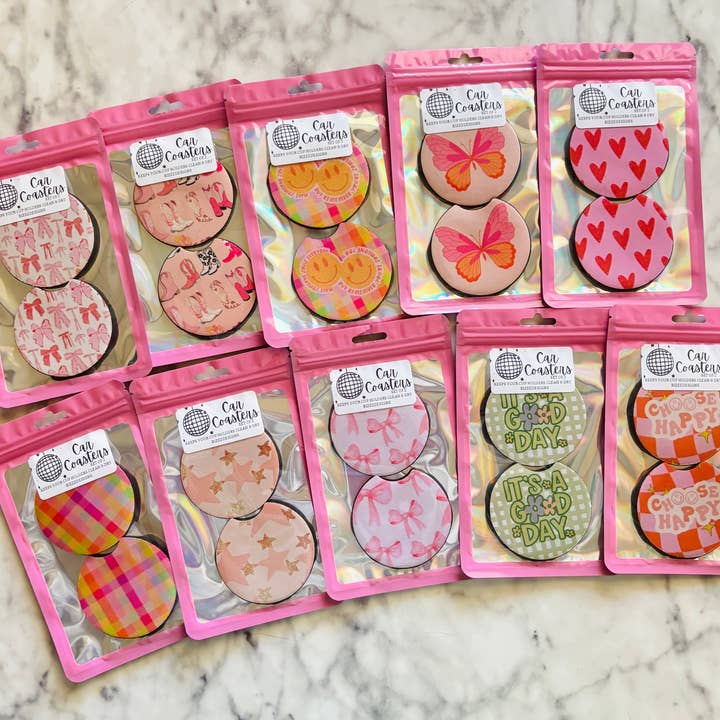 Bizzz Designs - Wholesale Car Coaster - Women's - Pink Bow Coquette Themed Car Coasters | Set of 10