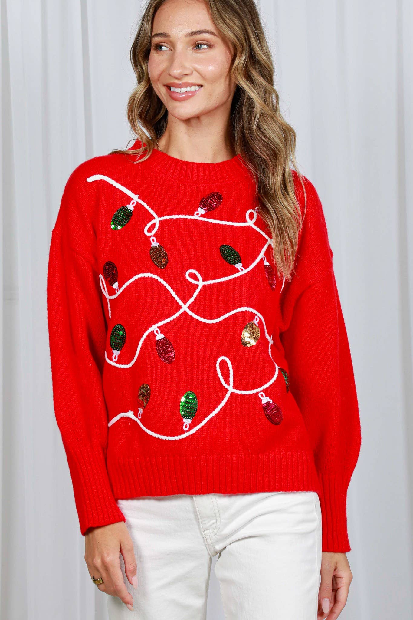 Vine & Love - Wholesale Knit Sweater - Women's - Colorful Christmas-Light Embellishment Cozy Sweater VT8225926