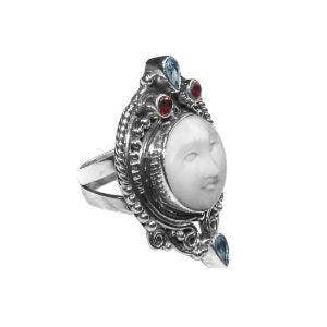 AR-6095-CO1 Sterling Silver Carved Bone Face Ring with Quartz Accents – Handcrafted in Bali for wholesale by Bali Designs