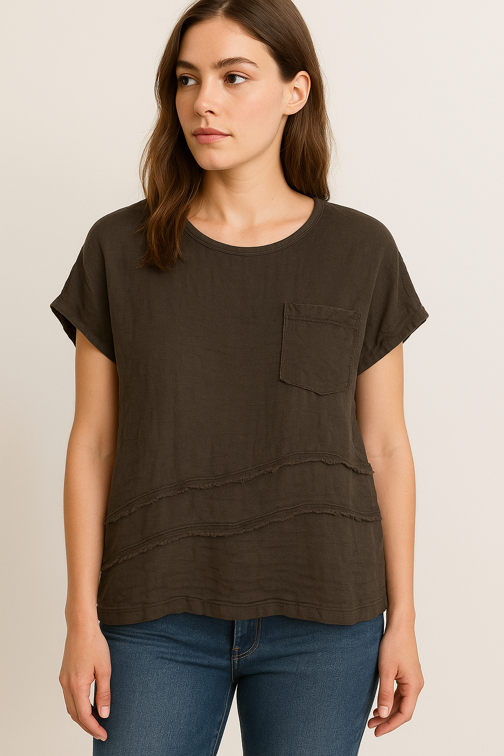 Lucy Sparks – wholesale T-shirt – women's – LINEN FRONT COTTON BACK T-SHIRT WITH CHEST POCKET0