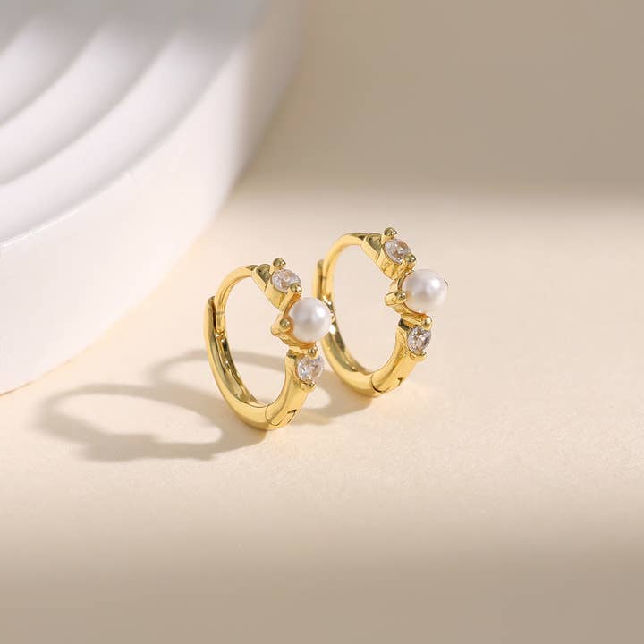 Pearl Diamond Huggies, Dainty Pearl Hoop Earrings, E250 for wholesale by Melange Blanc