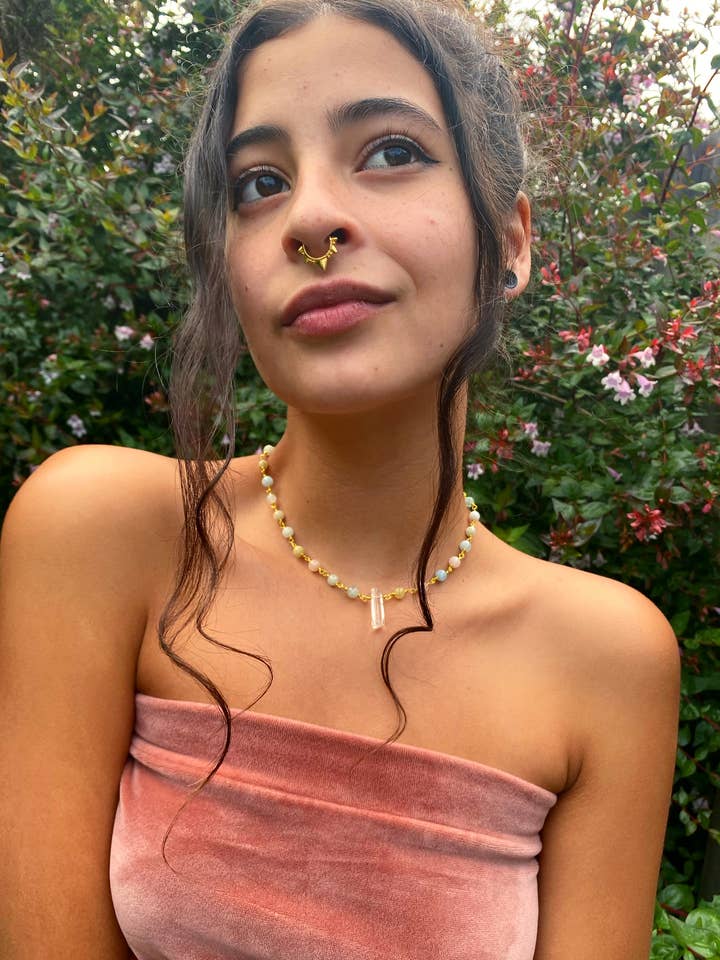 Aquamarine, Morganite and Heliodore Channeling Necklace for wholesale by Root To Rise Holistics