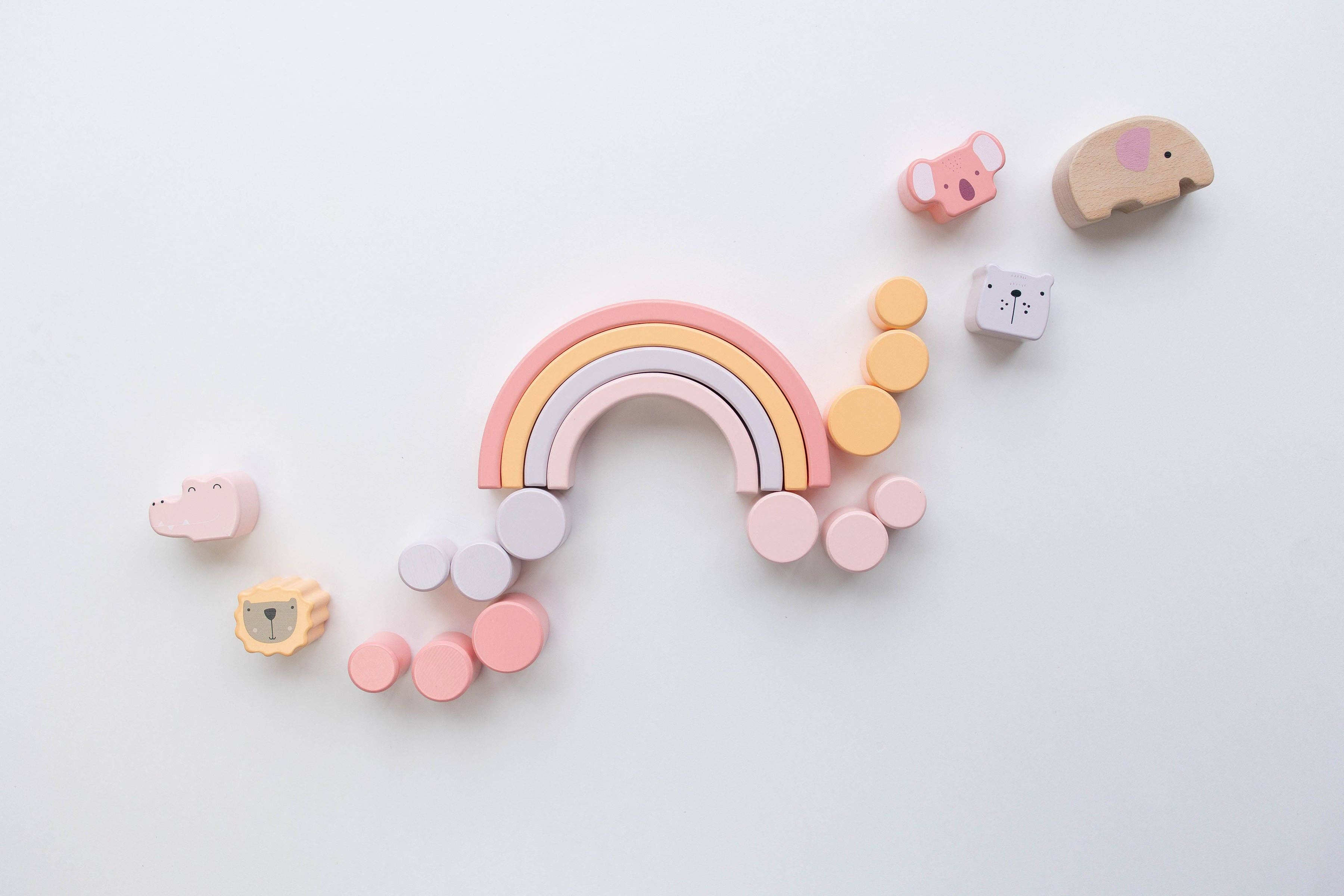 Spirit 'N Sprout - Wholesale Stacking Rings Game - Baby - Pink Animal Stacking Set - 21 Pieces included with Storage Bag - Wooden Rainbow Stacker Gift for Girls10