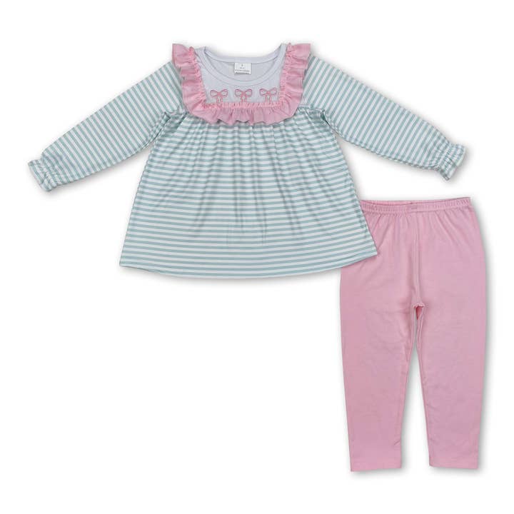 Green stripe bow tunic pink leggings girls clothing set for wholesale by Yawoo Garments