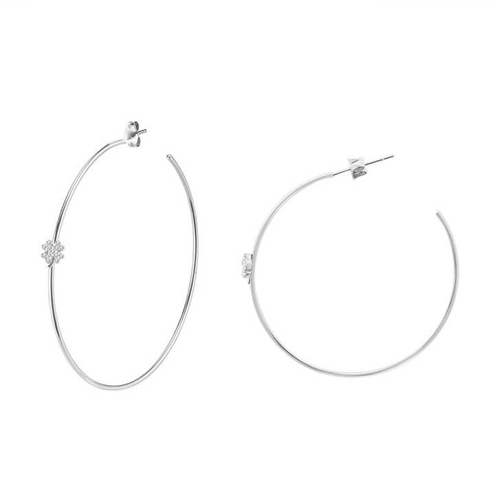 AMORINO SRL - Wholesale Hoop Earrings - LARGE THIN HOOP EARRINGS WITH CLOVER IN RHINESTONES