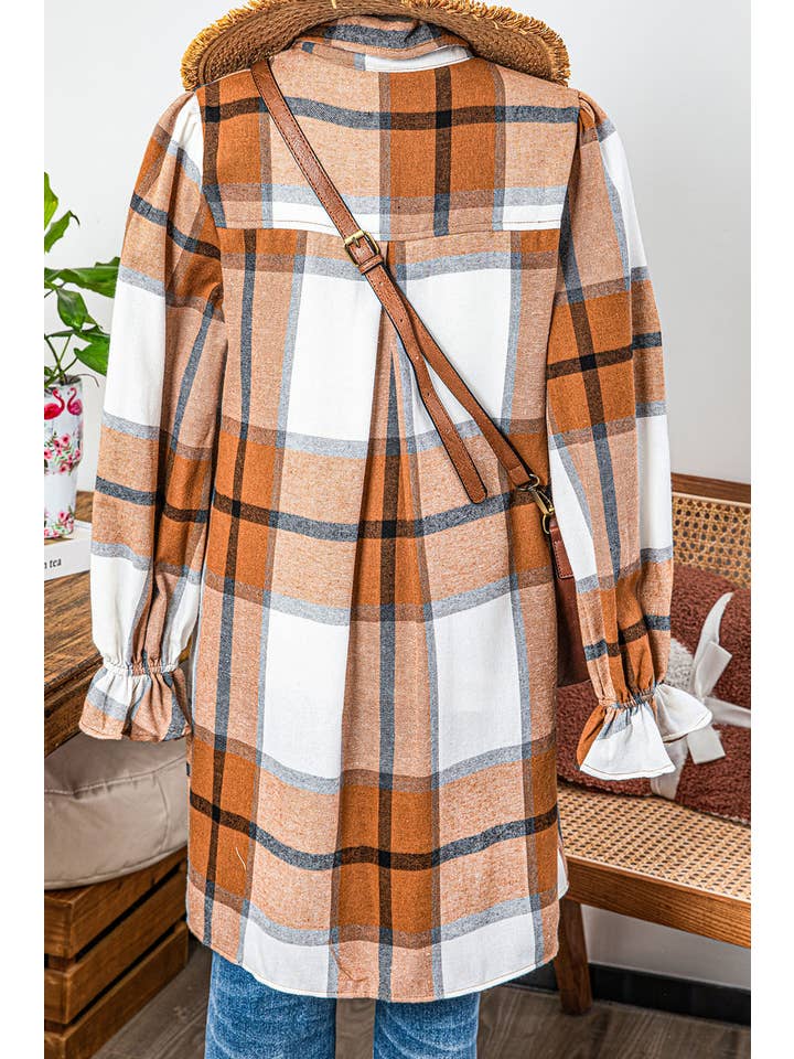 AS SHOWN Fashion-W Plaid Collared Neck Ruffled Sleeve Shirt Dress for wholesale on Faire
