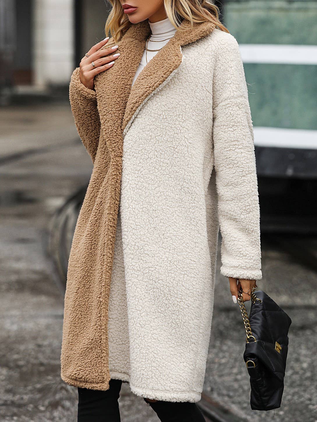 Camel Contrast faux fur teedy sherpa longline coat for wholesale on Faire3