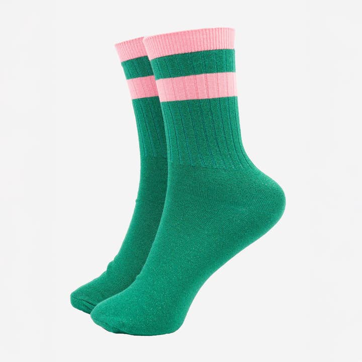 Damstrumpor med glitter - Grön/Rosa, Randig mudd för wholesale av Sock Talk