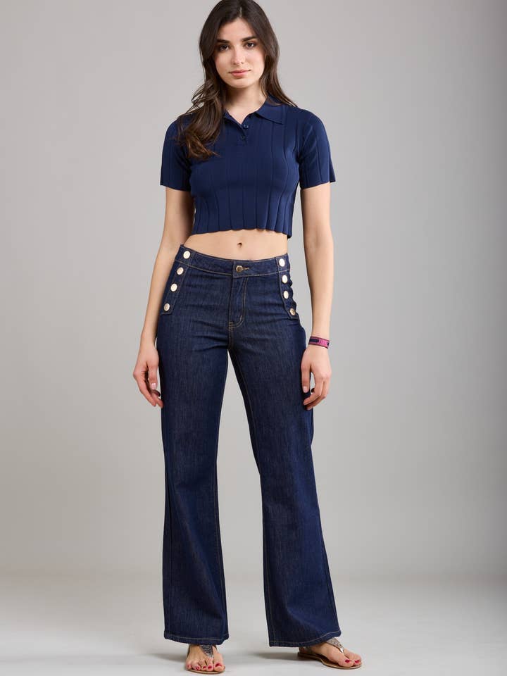 Toxik3 pantalon jean bootcut boutons dorés for wholesale by Toxik3