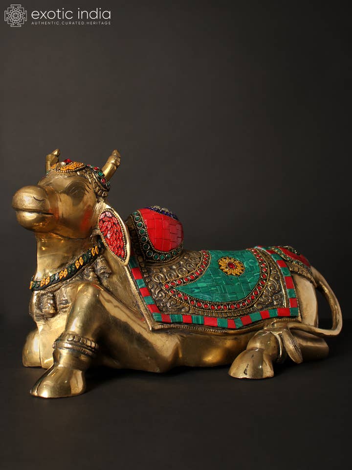 13" Nandi - Vahana of Shiva | Messingstatue med indlæg for engroshandel hos Exotic India Art
