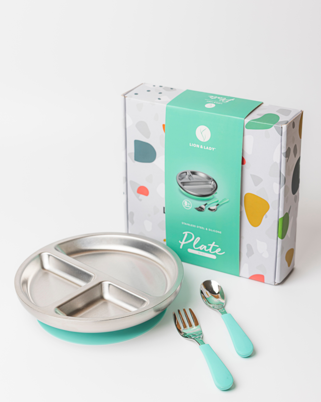 Lion & Lady - Wholesale Feeding Set - Baby - 18/8 Stainless Toddler Plate with silicone suction base, spoon and fork11