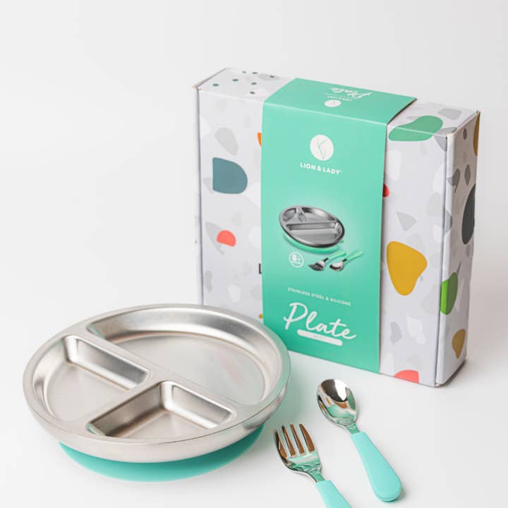 Lion & Lady - Wholesale Feeding Set - Baby - 18/8 Stainless Toddler Plate with silicone suction base, spoon and fork11