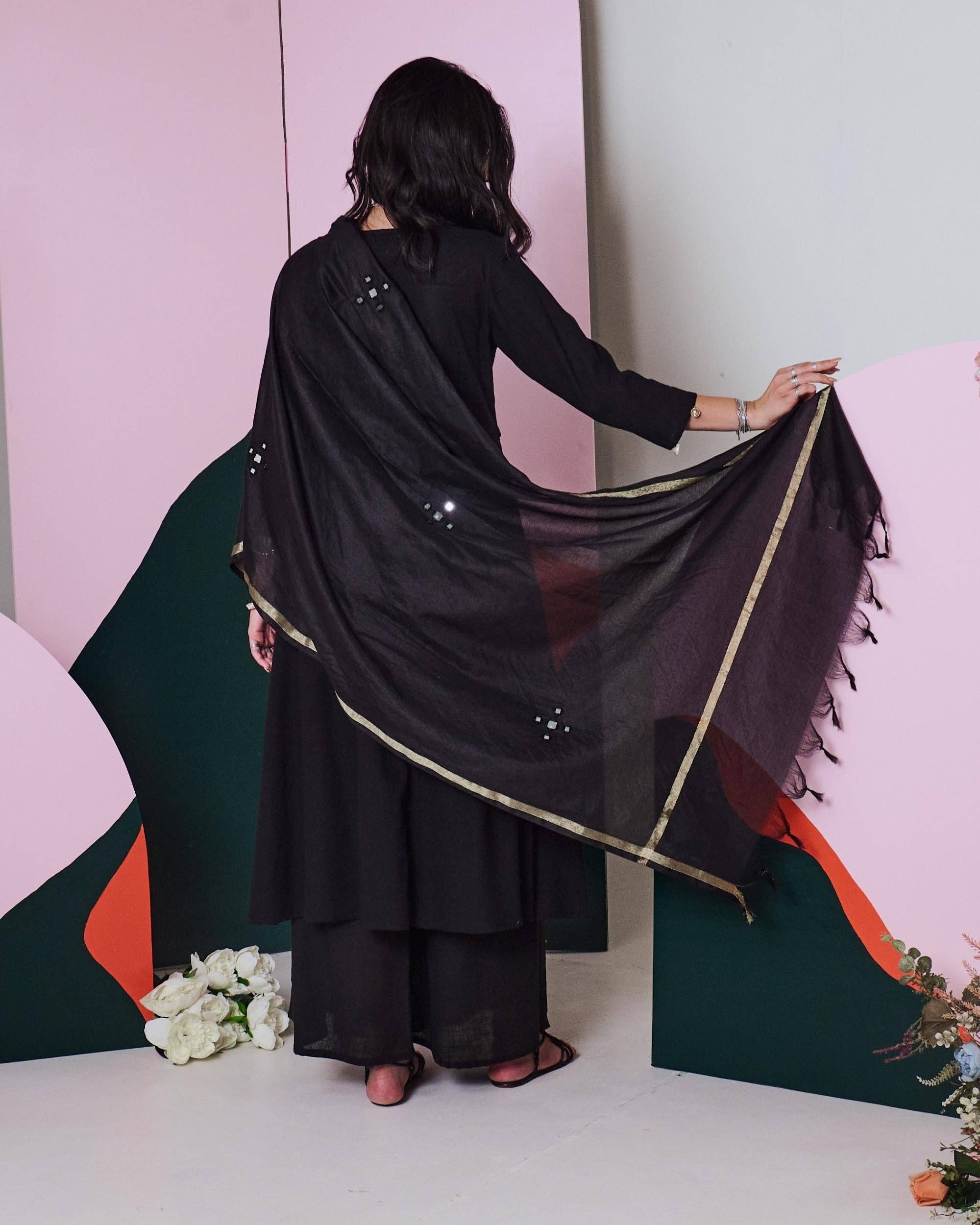 House of Amaya – wholesale Top & pants set (NOT Loungewear) – Women's – Ajuni Black Mirror Embroidered Kurta, Palazzo with Chanderi Dupatta (Set of 3)4