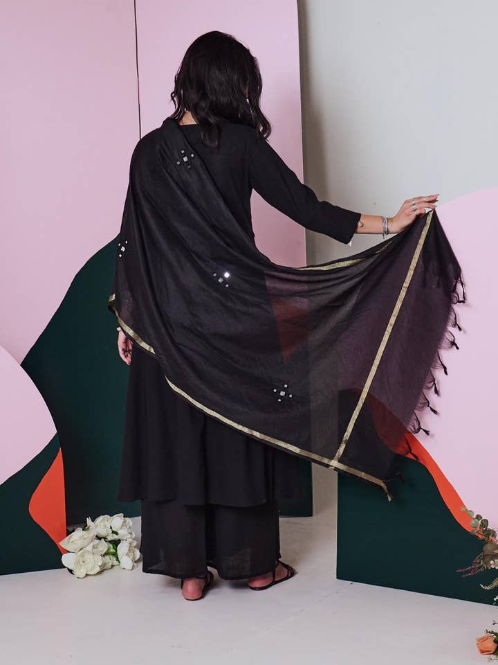 House of Amaya – wholesale Top & pants set (NOT Loungewear) – Women's – Ajuni Black Mirror Embroidered Kurta, Palazzo with Chanderi Dupatta (Set of 3)4