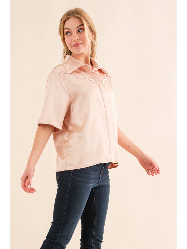AND THE WHY - Wholesale Button Down Shirt - Women's - ATW15026 - Satin Faux Pearl Oversized Half Sleeve Shirts