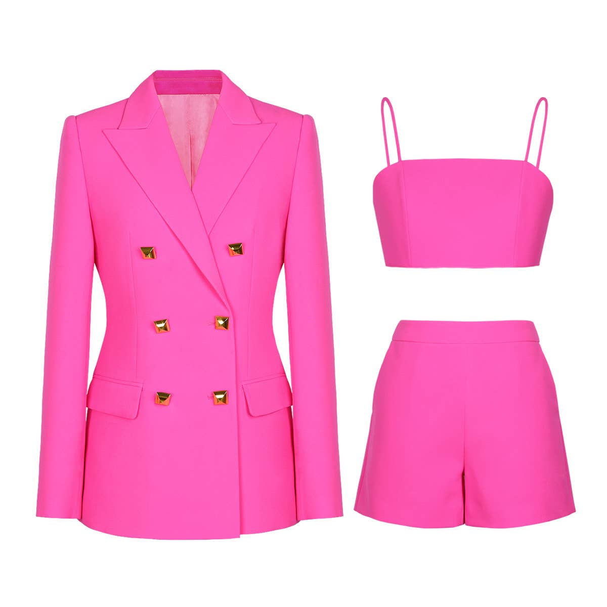 Productseeker - Venta al por mayor Conjunto de vestir - Mujer - Conjunto de tres piezas con blazer, crop top y shorts0