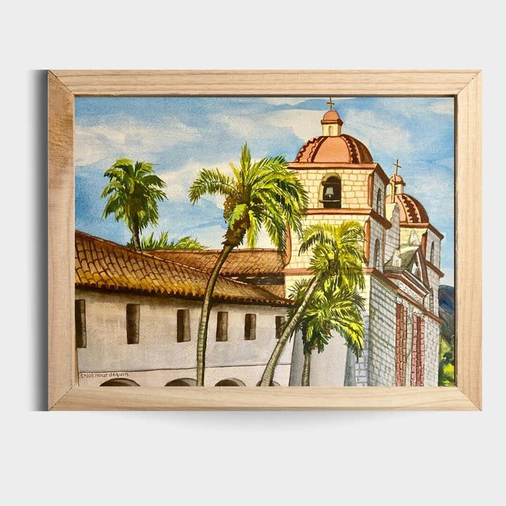 Old Mission Santa Barbara Sunset Aguarela Arte 11" x14 Impressão por atacado de Chloe Marie Hourdequin Designs