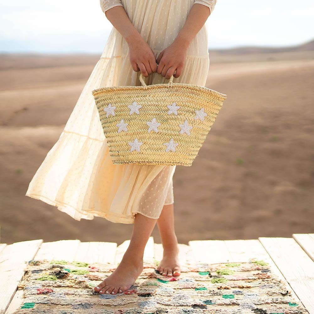 MIRAMAR Store - Venta al por mayor Bolsa de asa- Mujer - Cesta de Paja Bordada con Estrellas - Rojo y Blanco2