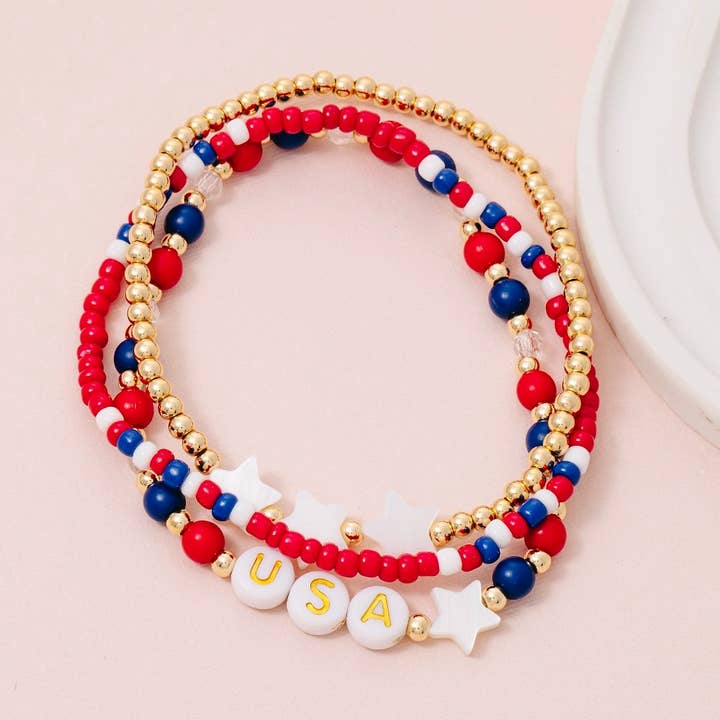 Usa Colors And Stars Beaded Bracelet Set for wholesale by The Looks by Fame Accessories